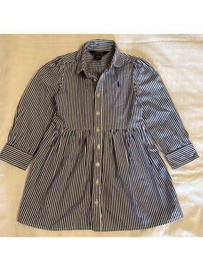 Polo Ralph Lauren Girls Blue & White Striped Button-Down Dress Cotton Sz 3/3T